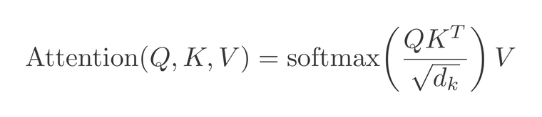 The scaled dot-product attention equation: Attention of Q, K and V equals softmax of Q times K transpose divided by the square root of d sub k, all multiplied by V.